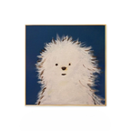A fluffy dog framed wall art print with a deep navy background, ideal for cosy bedrooms, living rooms and modern gallery walls.