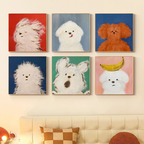 Milo Moments framed dog wall art series displayed as a colourful six-piece gallery wall above a cosy cream sofa