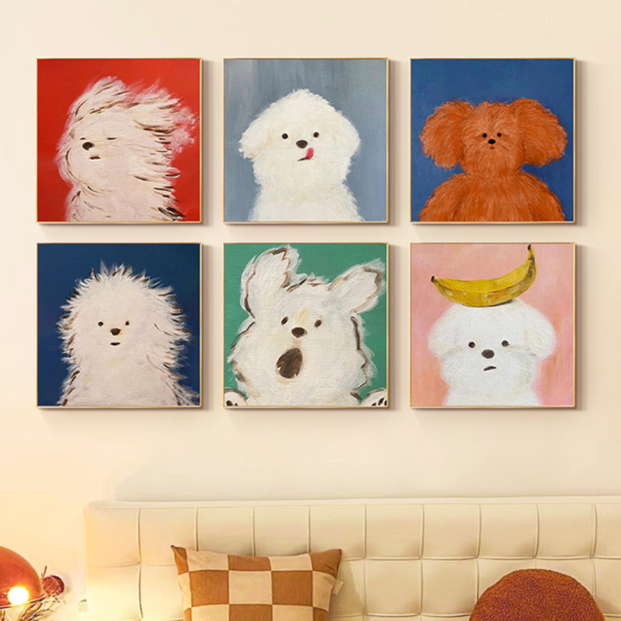 Milo Moments framed dog wall art series displayed as a colourful six-piece gallery wall above a cosy cream sofa