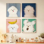 Milo Moments framed dog wall art displayed as a four-piece gallery wall above a styled shelf in a cosy home interior