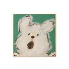 A playful surprised dog framed wall art print with a green background, ideal for cheerful bedrooms, living rooms and gallery walls.