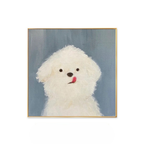 A cheeky framed dog wall art print with a blue-grey background, suited to bedrooms, hallways and playful gallery wall styling.