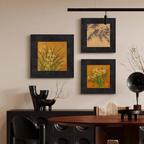 Ochre botanical framed wall art gallery wall styled above a dark sideboard in a warm dining room by KaShi Living