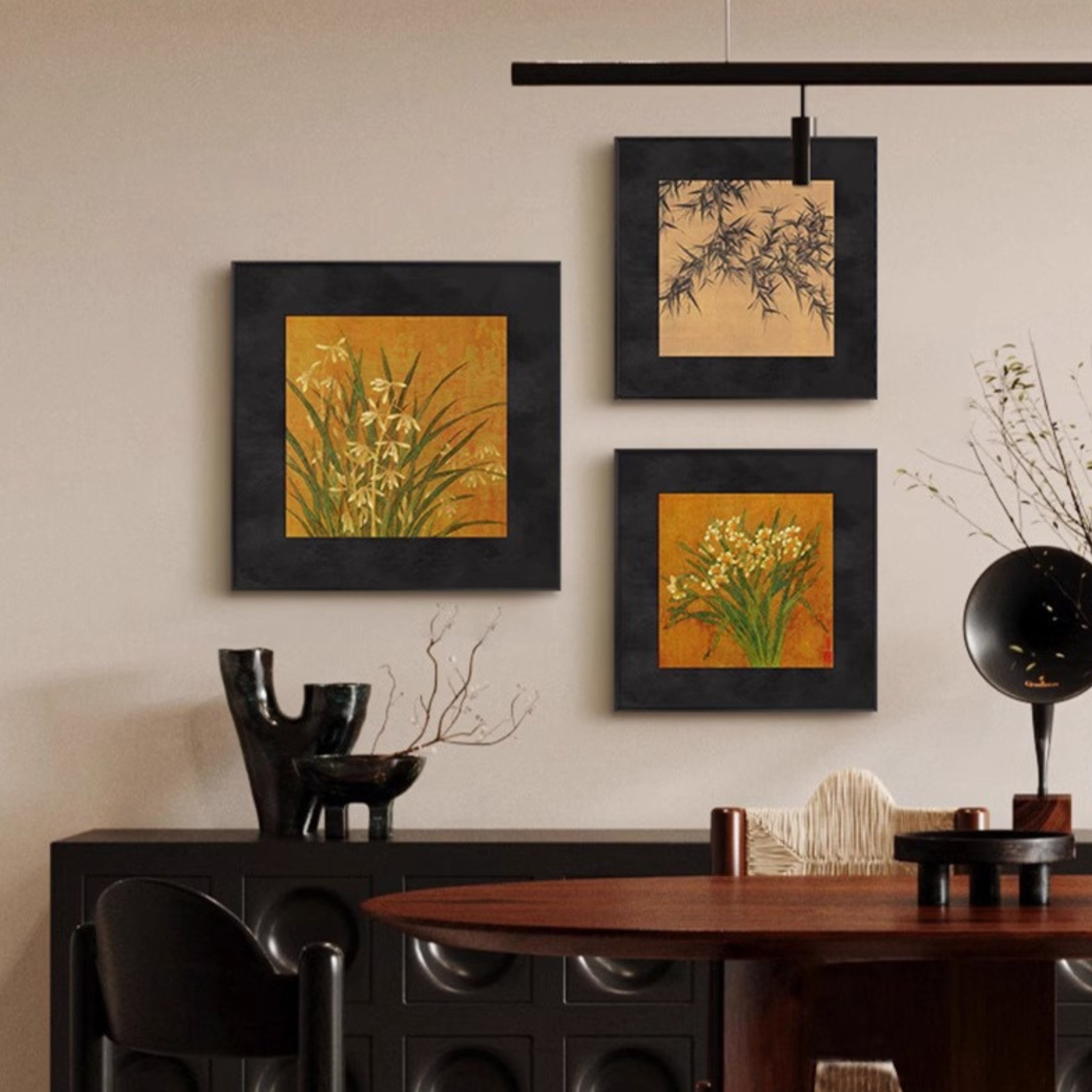 Ochre botanical framed wall art gallery wall styled above a dark sideboard in a warm dining room by KaShi Living