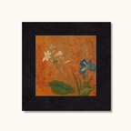 Black framed botanical wall art with blue iris and white flower print on warm ochre background by KaShi Living