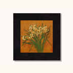Black framed botanical wall art with white meadow flowers on warm ochre background by KaShi Living