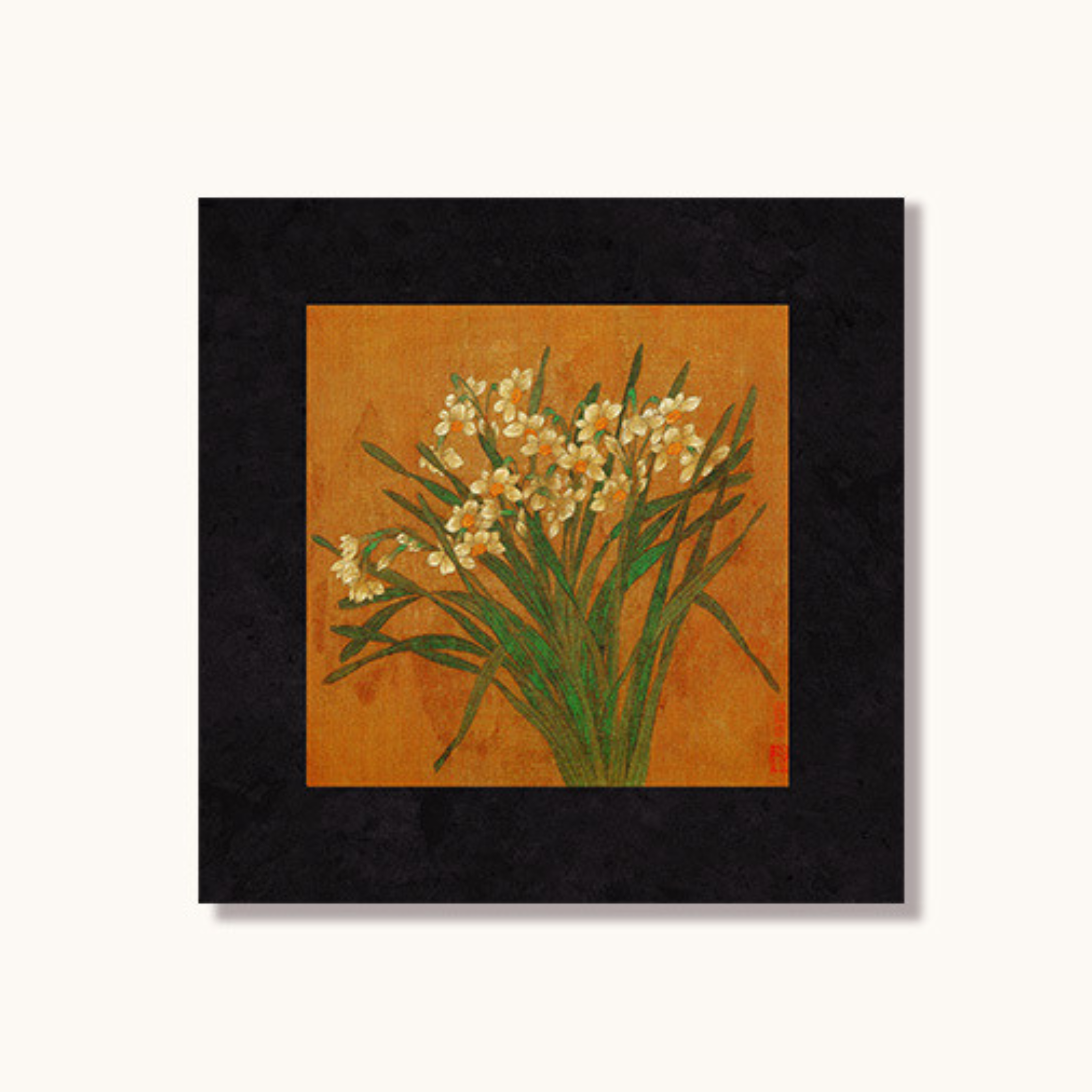 Black framed botanical wall art with white meadow flowers on warm ochre background by KaShi Living