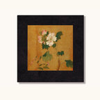 Black framed floral botanical wall art with soft pink and white flowers on warm ochre background by KaShi Living
