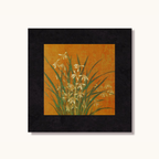 Black framed botanical wall art with white blossom grass print on warm ochre background by KaShi Living