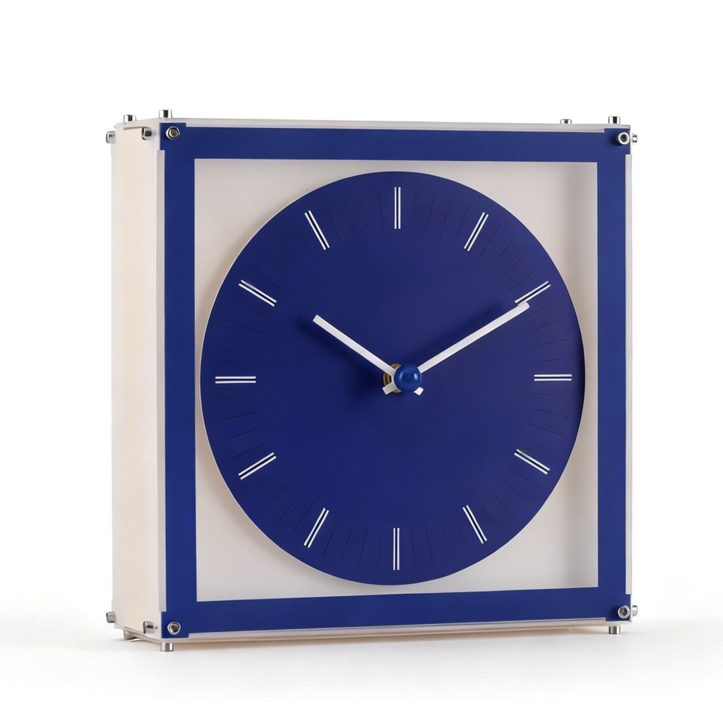 A blue freestanding table clock with a square frame and round dial, designed for UK shelves, desks, bedside tables and stylish everyday home décor.