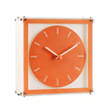A bright orange box-style desk clock for UK shelves, desks, bedside tables and playful modern home décor styling.