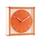 A bright orange box-style desk clock for UK shelves, desks, bedside tables and playful modern home décor styling.