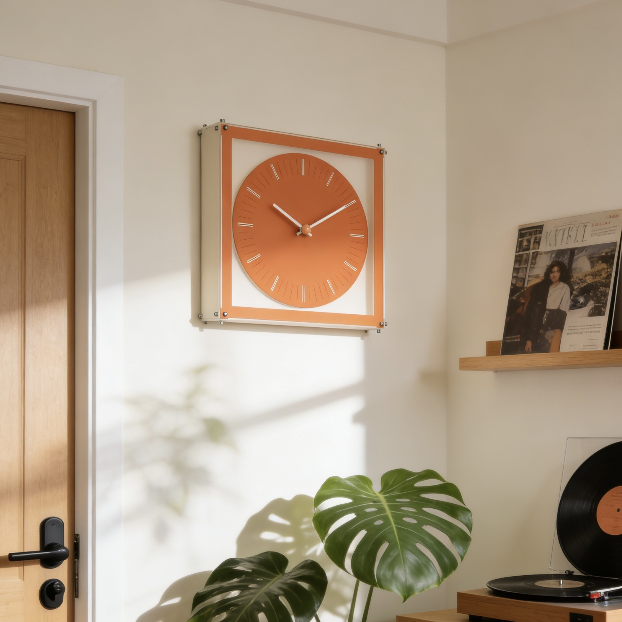 Bright orange box desk clock for shelves, desks and bedside tables, adding a playful modern accent to UK homes.