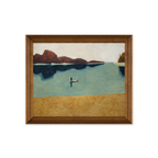 Framed coastal wall art with calm blue water, sandy shoreline and brown frame, styled for a cosy UK living room.

