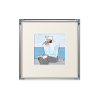 A soft coastal framed wall art piece featuring a seated figure by the sea, suited to UK bedrooms, living rooms and gallery walls.