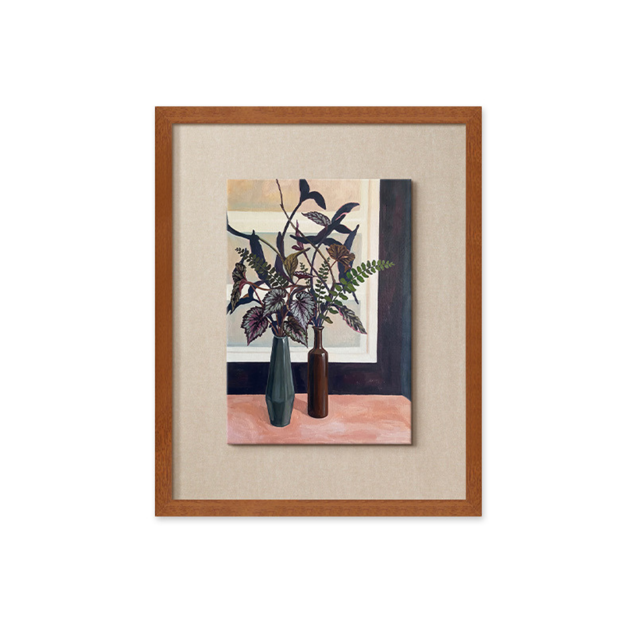 A botanical framed wall art piece featuring leafy stems in vases by a window, suited to UK bedrooms, hallways and cosy living room corners.