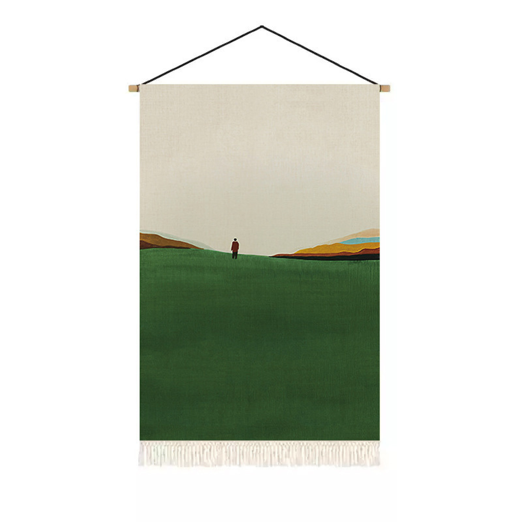 Green landscape textile wall art with small figure and fringe detail for calm living room or bedroom decor by KaShi Living