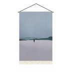 Soft blue and grey abstract horizon textile wall art with fringe for minimalist bedroom wall decor by KaShi Living