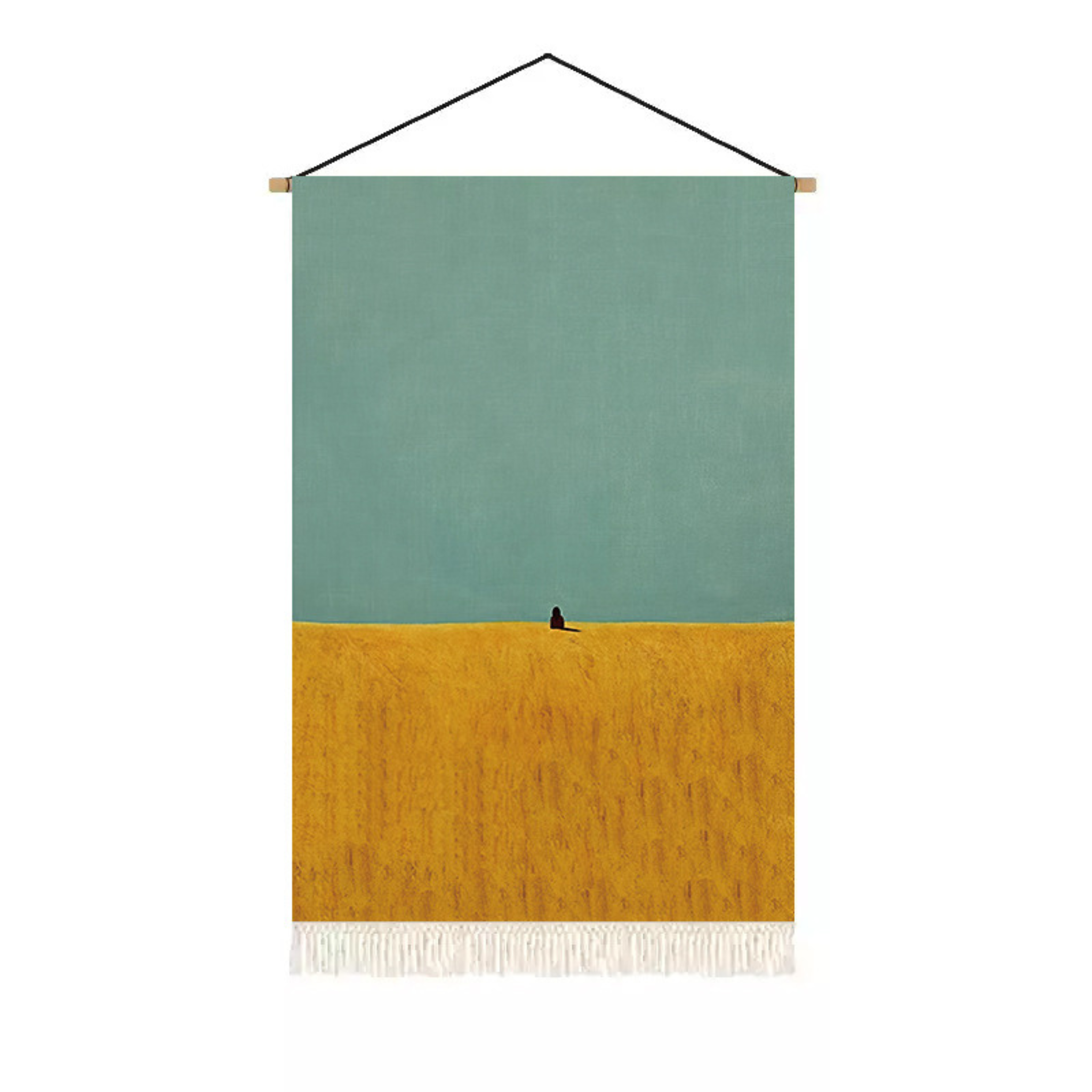 Ochre yellow abstract textile wall art with quiet figure and fringe detail for warm UK home decor by KaShi Living
