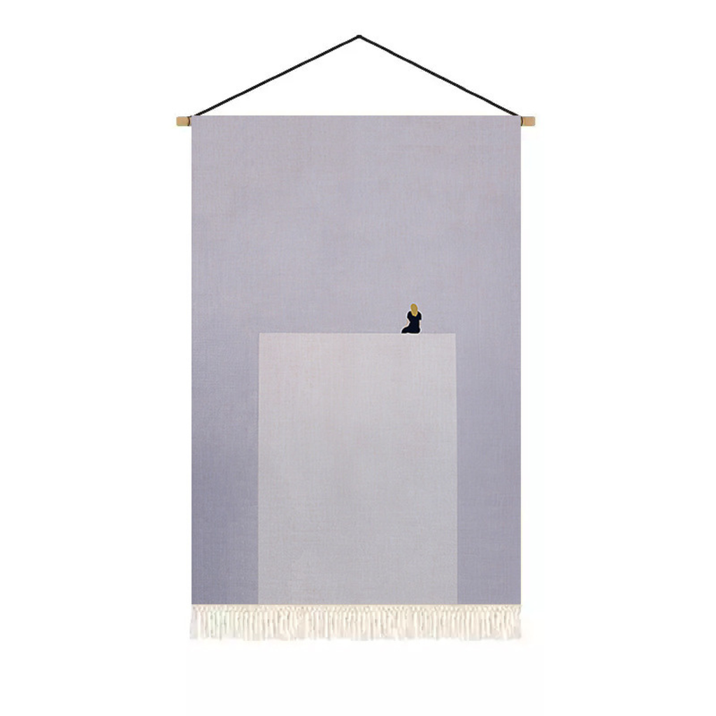 Pale lilac abstract textile wall hanging with white ledge design and fringe for soft bedroom wall decor by KaShi Living