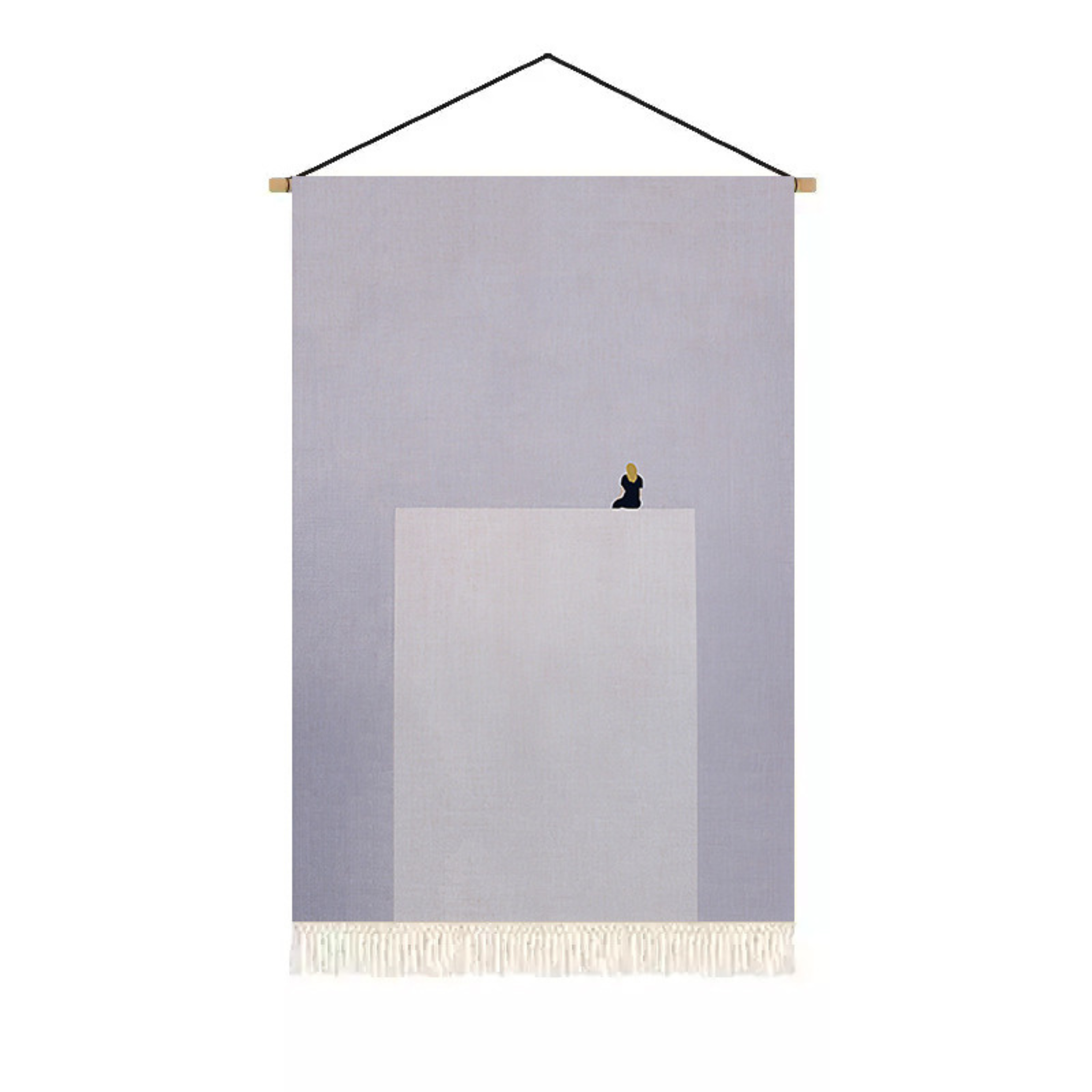 Pale lilac abstract textile wall hanging with white ledge design and fringe for soft bedroom wall decor by KaShi Living