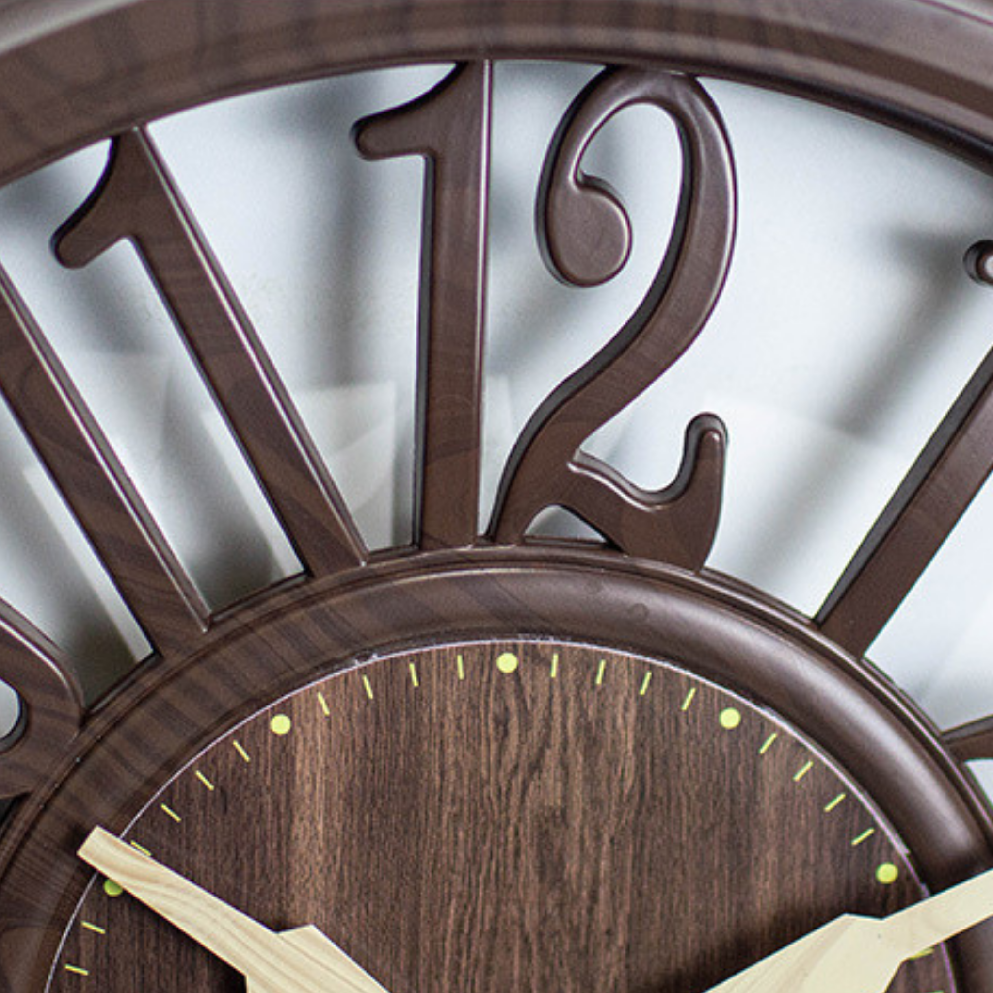 Close-up of Windsor Wood Wall Clock — intricate number detailing and wood texture finish, a refined accent for modern interiors, KaShi Living
