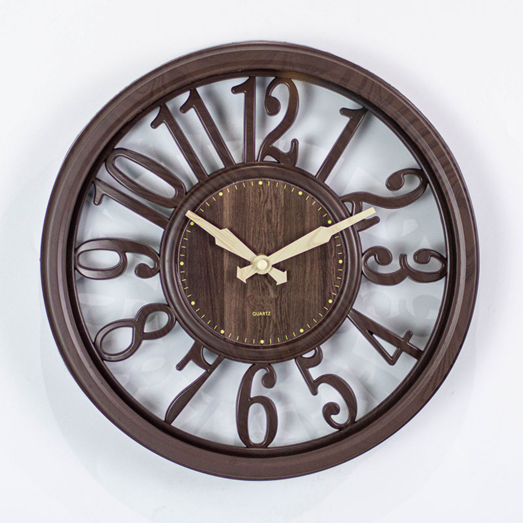 Windsor Wood Wall Clock by KaShi Living — elegant dark brown frame with raised numerals and natural wood centre, timeless home décor